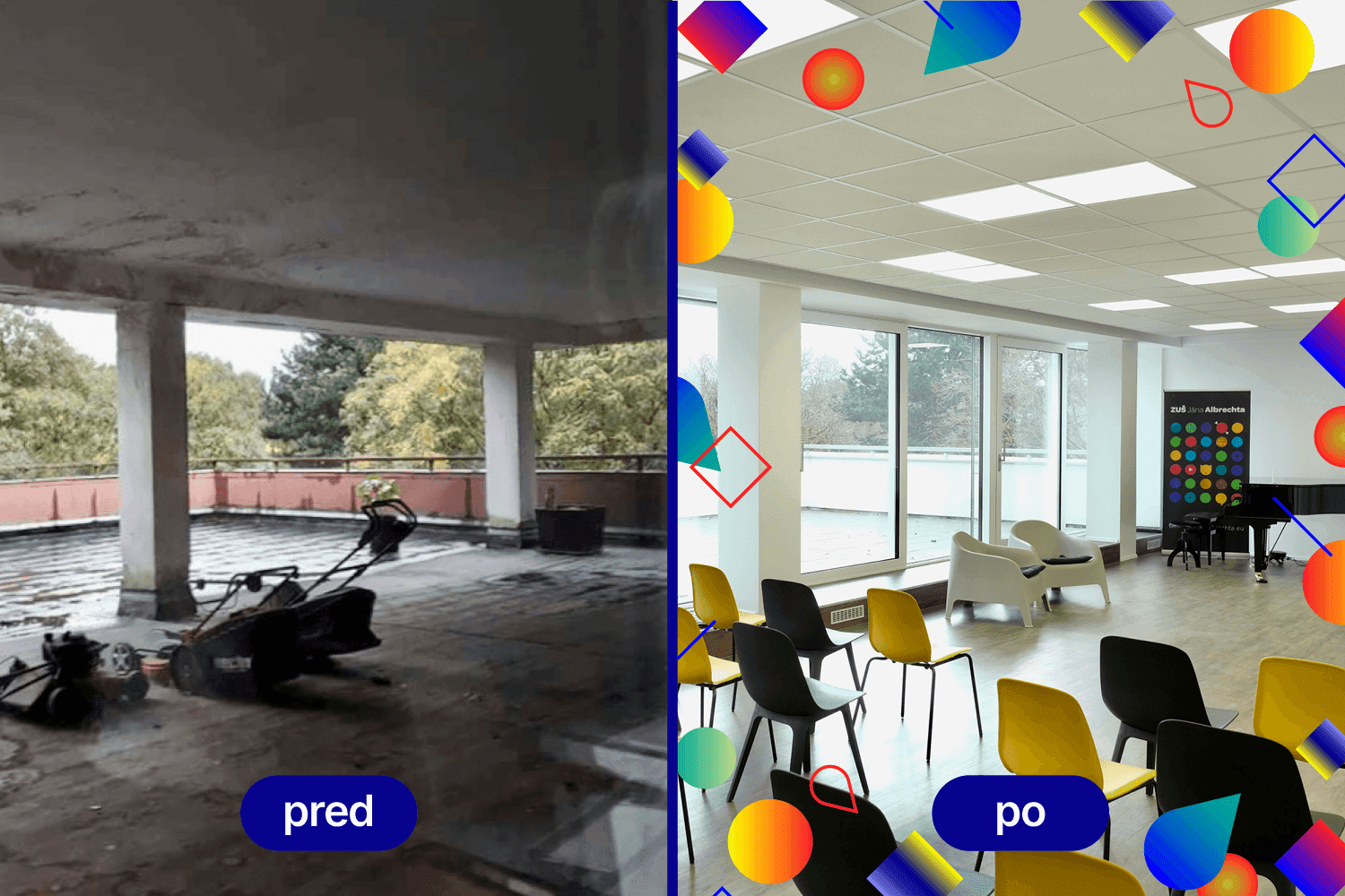 Foto pred a po realizácii rekonštrukcie toaliet na ZUŠ Jána Albrechta v Petržalke.